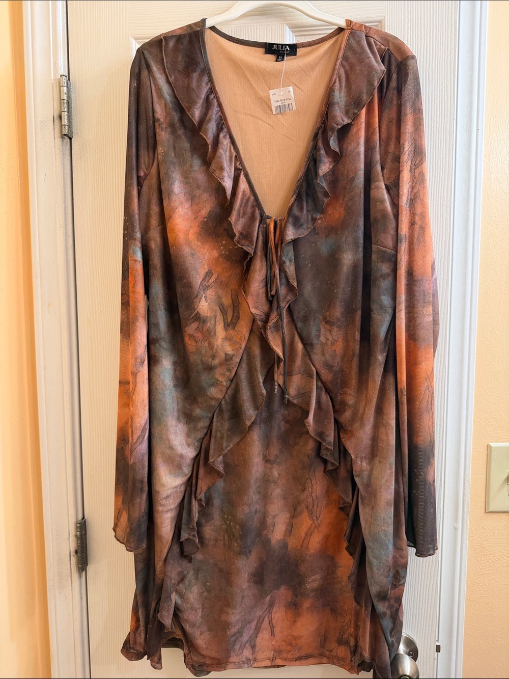 Long Sleeve Ruffle Front Dress in Rust Brown Multi